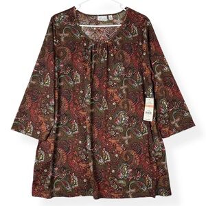 Kim Rogers Tunic Top Womens Plus 2X Brown Red 3/4 Sleeve NWT